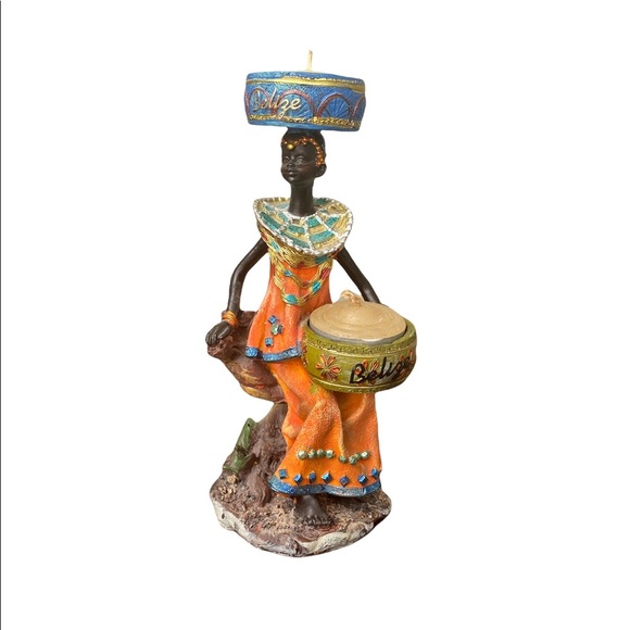 Vintage orange candleholder from Belize with two candles Size OS